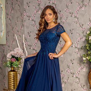 NEW A-LINE CHIFFON BOAT-NECK DRESS EMBROIDERED WITH LACE AND RHINESTNES GL3362